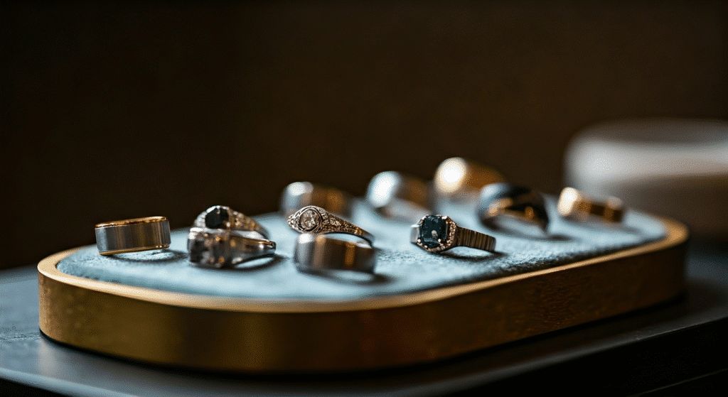 Assorted rings with gemstones and metal bands displayed on an elegant jewelry tray.