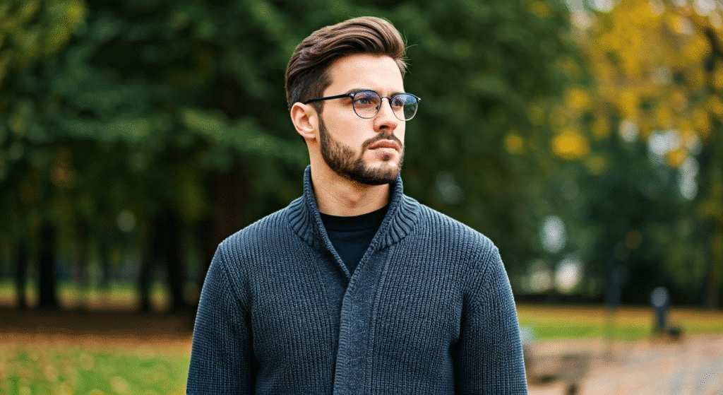 Man in glasses wearing a gray sweater, standing outdoors in a park setting with blurred green background.