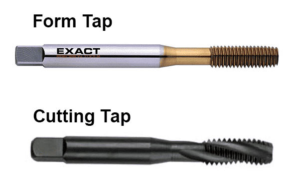 Comparison of form tap and cutting tap tools for threading. Form tap is gold-toned, cutting tap is black.