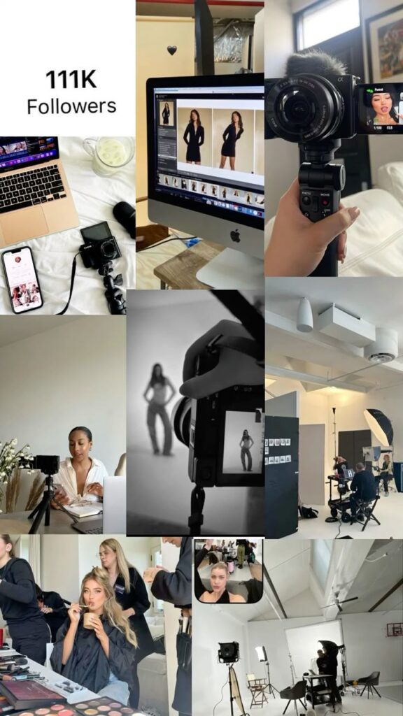Collage of a photoshoot session; includes cameras, models, makeup artists, and digital editing with 111k followers displayed.