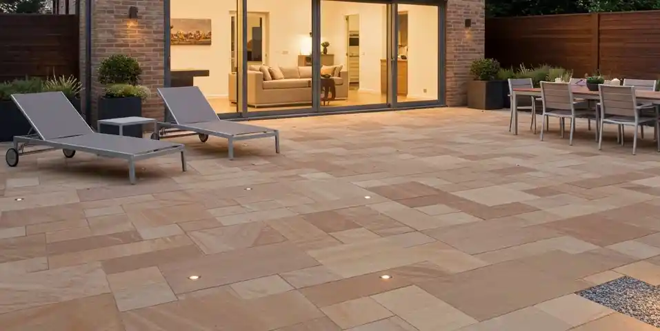 Modern patio with sandstone tiles, lounge chairs, outdoor dining set, and illuminated evening setting.