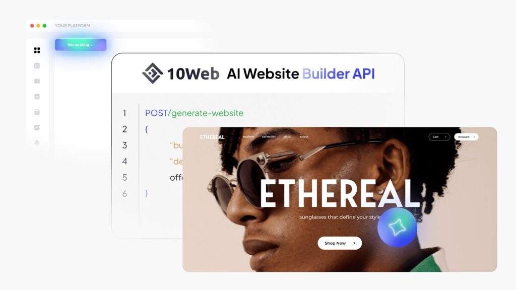 AI website builder API demo with Ethereal sunglasses site, showcasing code and design generation.