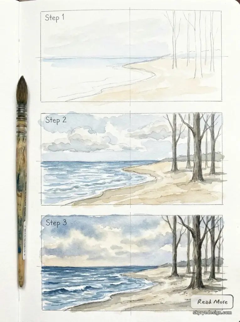 Watercolor_tutorial_beach_scene_202607071350 Three-step watercolor tutorial of a sandy shoreline and trees progressing from sketch to finished seascape, brush at left. | Sky Rye Design Three-step watercolor tutorial of a sandy shoreline and trees progressing from sketch to finished seascape, brush at left.