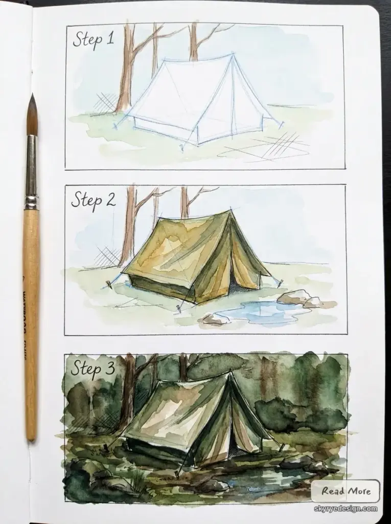Watercolor_tutorial_drawing_tent_202607071423 Watercolor tent tutorial in sketchbook - step-by-step camping tent painting in three stages with paintbrush | Sky Rye Design Watercolor tent tutorial in sketchbook - step-by-step camping tent painting in three stages with paintbrush