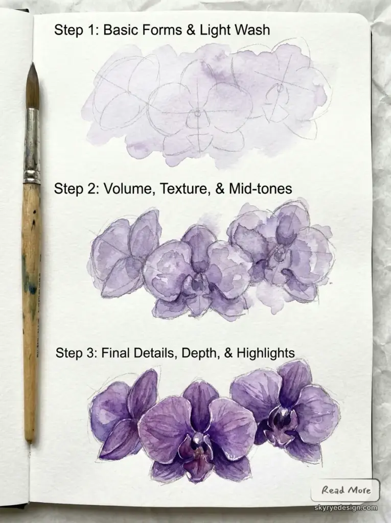 Watercolor_tutorial_purple_flowers_202607071432 Watercolor orchid tutorial step-by-step: three stages from light wash and mid-tones to detailed purple orchids with paintbrush. | Sky Rye Design Watercolor orchid tutorial step-by-step: three stages from light wash and mid-tones to detailed purple orchids with paintbrush.