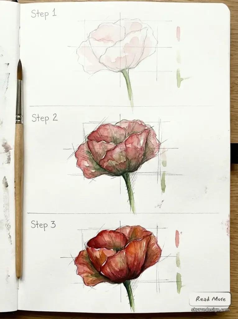 Watercolor_flower_drawing_tutori_202607071249 Watercolor poppy tutorial in sketchbook — three step-by-step flower stages with brush and color swatches | Sky Rye Design Watercolor poppy tutorial in sketchbook — three step-by-step flower stages with brush and color swatches
