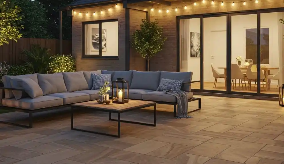 Cozy outdoor patio with string lights, modern furniture, and a lit interior dining area visible through glass doors.