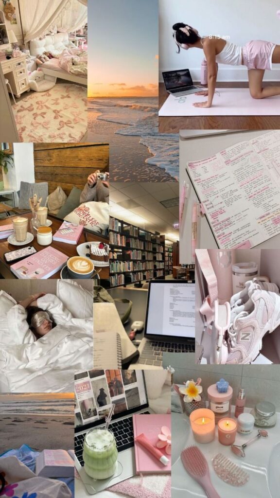 Collage of cozy home, workouts, study notes, beach, coffee, and skincare for relaxation and productivity inspiration.