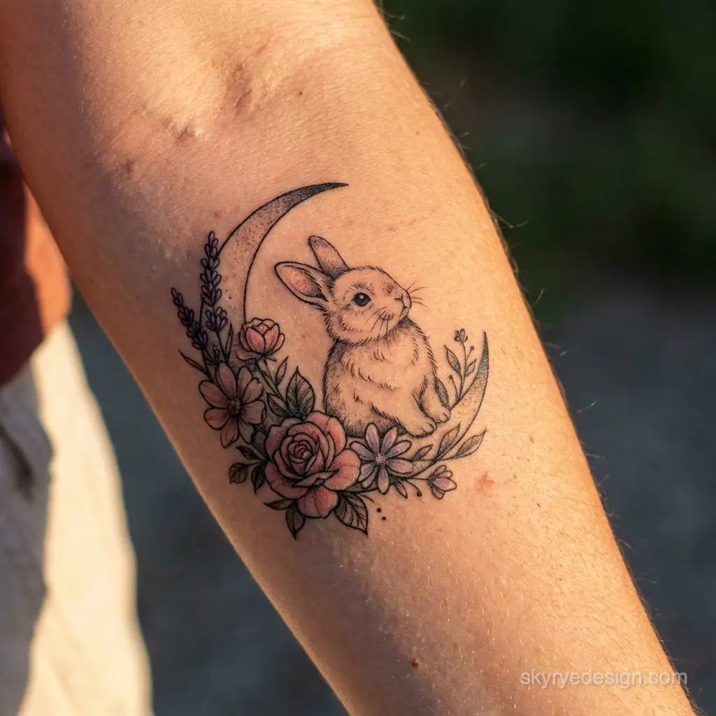 inkvision-tattoo-watermarked 60 Delicate forearm tattoo of a bunny nestled in a crescent moon with roses and floral accents, black and pink ink | Sky Rye Design Delicate forearm tattoo of a bunny nestled in a crescent moon with roses and floral accents, black and pink ink