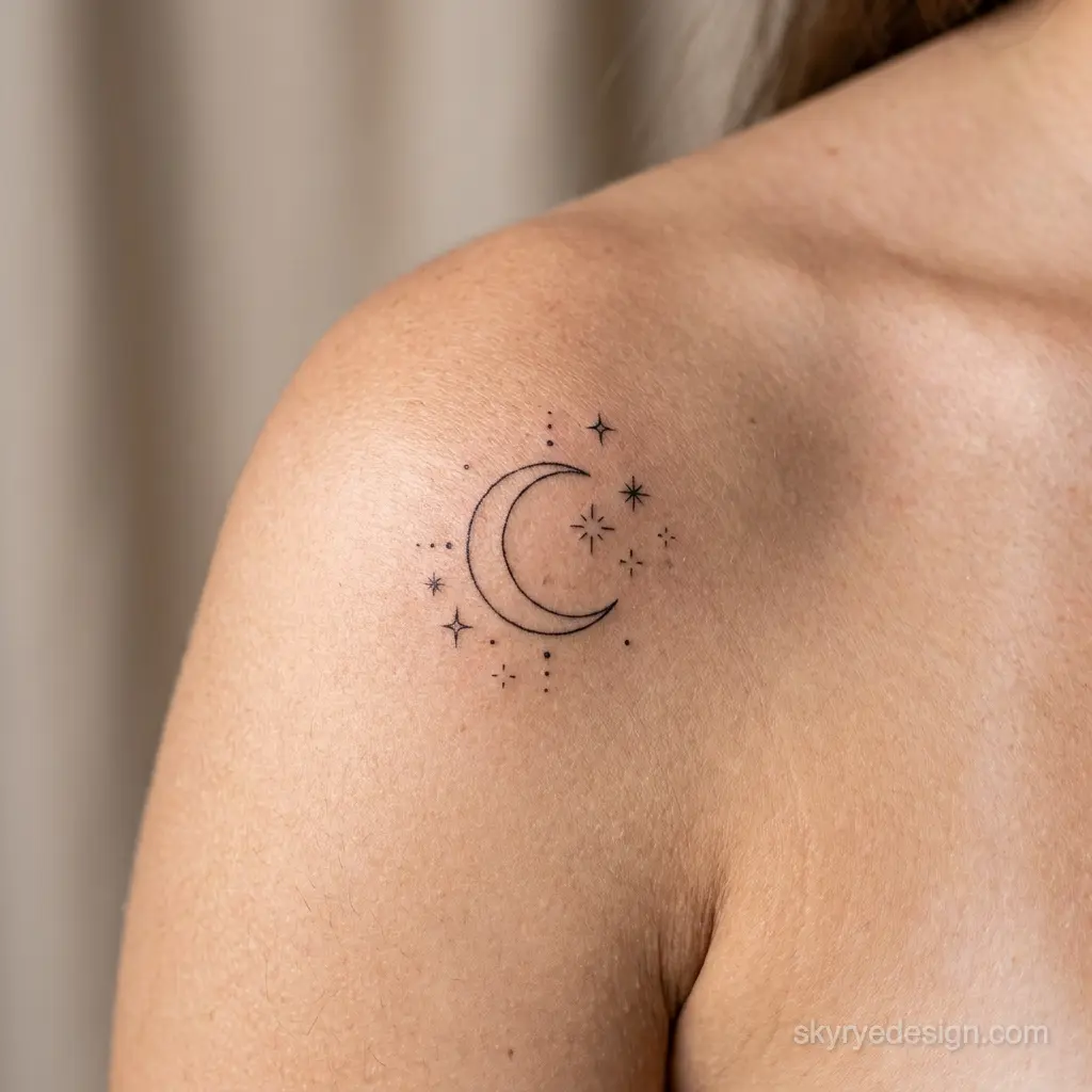 inkvision-tattoo-watermarked 61 Small minimalist crescent moon and stars black-ink tattoo on shoulder, delicate fine-line design. | Sky Rye Design Small minimalist crescent moon and stars black-ink tattoo on shoulder, delicate fine-line design.