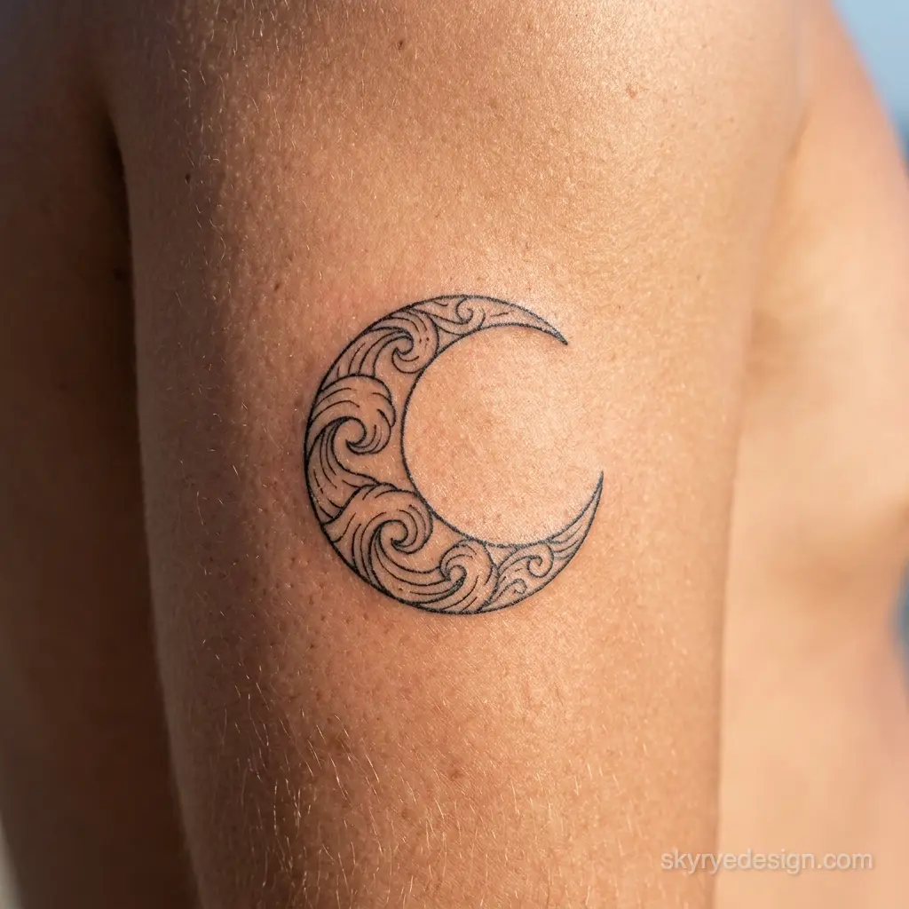 inkvision-tattoo-watermarked 59 Small black crescent moon tattoo with swirling wave pattern on an upper arm | Sky Rye Design Small black crescent moon tattoo with swirling wave pattern on an upper arm