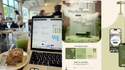 Laptop with psychotherapy website in cafe, alongside a drink and cake slice; cozy workspace inspiration.