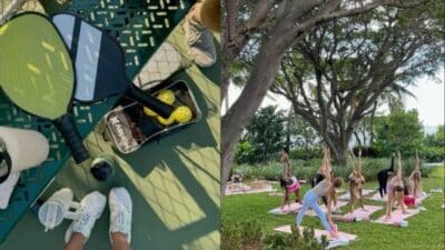 Pickleball gear on court and group yoga session outdoors under trees.