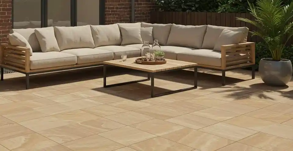 Cozy outdoor patio with a beige sectional sofa, wooden coffee table, and potted plant on stone tile flooring.