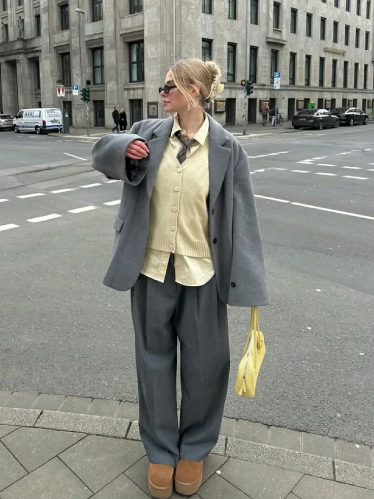 Fashionable woman in oversized gray suit, cream vest, and holding yellow bag on city street.