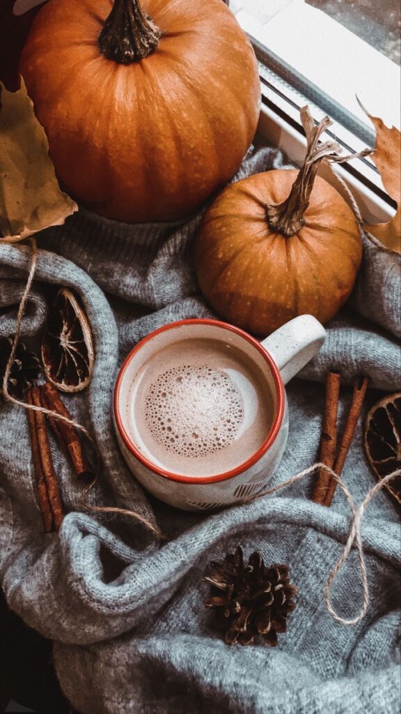 Cozy autumn scene with pumpkins, a knitted blanket, and a cup of coffee on a windowsill, surrounded by cinnamon sticks.