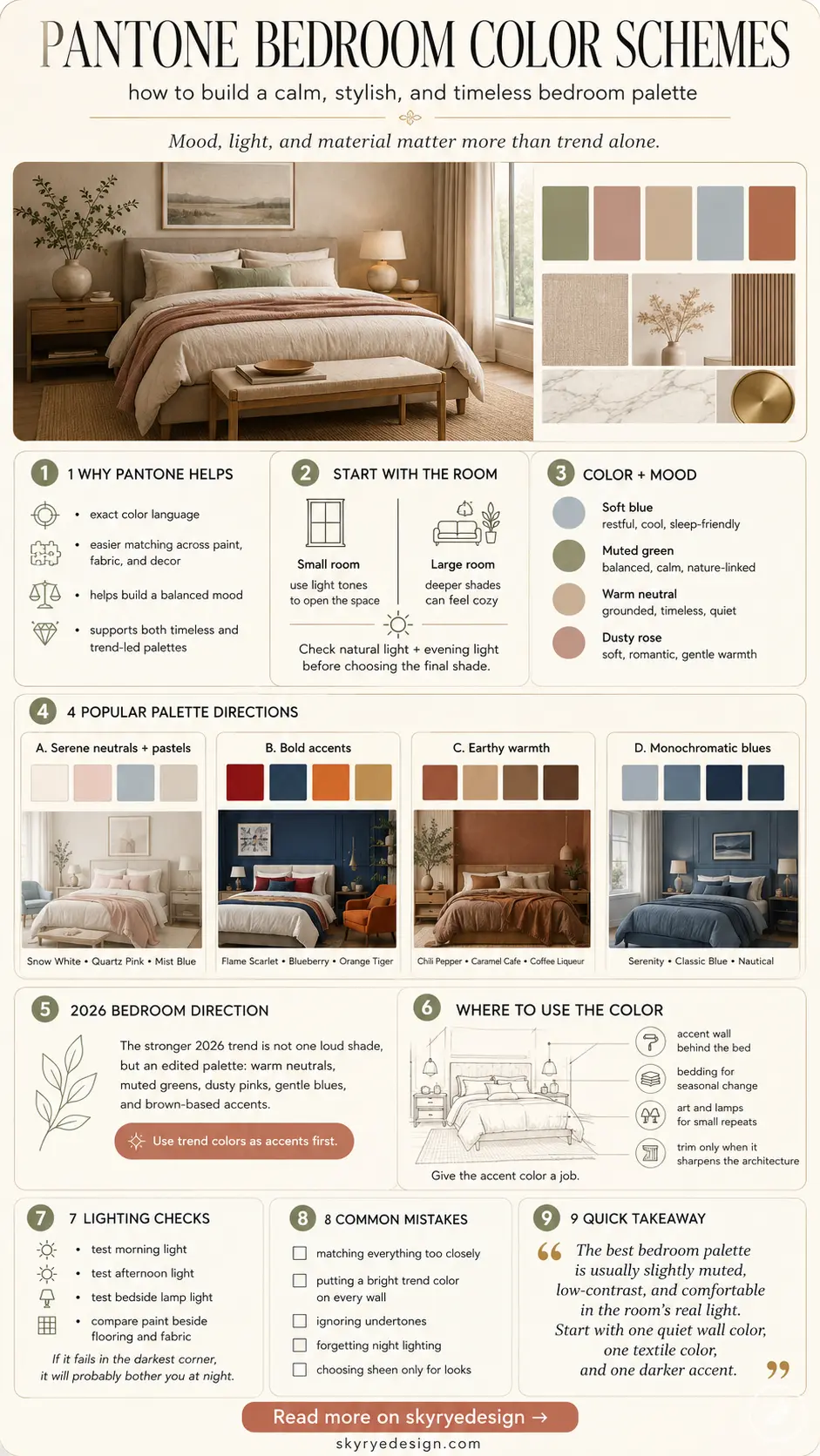 c43592db-d399-430b-b387-dd59e345496b Infographic titled Pantone Bedroom Color Schemes showing a cozy bedroom photo with color swatches and palette guidance. | Sky Rye Design Infographic titled Pantone Bedroom Color Schemes showing a cozy bedroom photo with color swatches and palette guidance.
