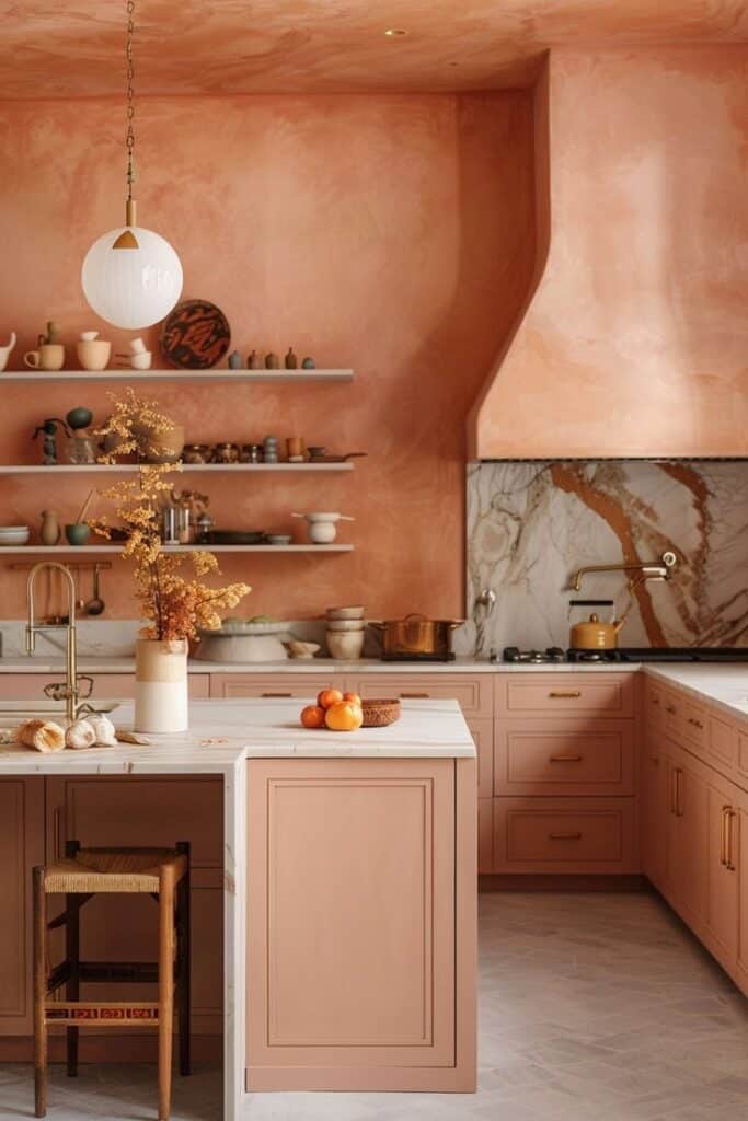 Stylish terracotta kitchen with marble backsplash, gold accents, and open shelves for a modern, warm interior design.