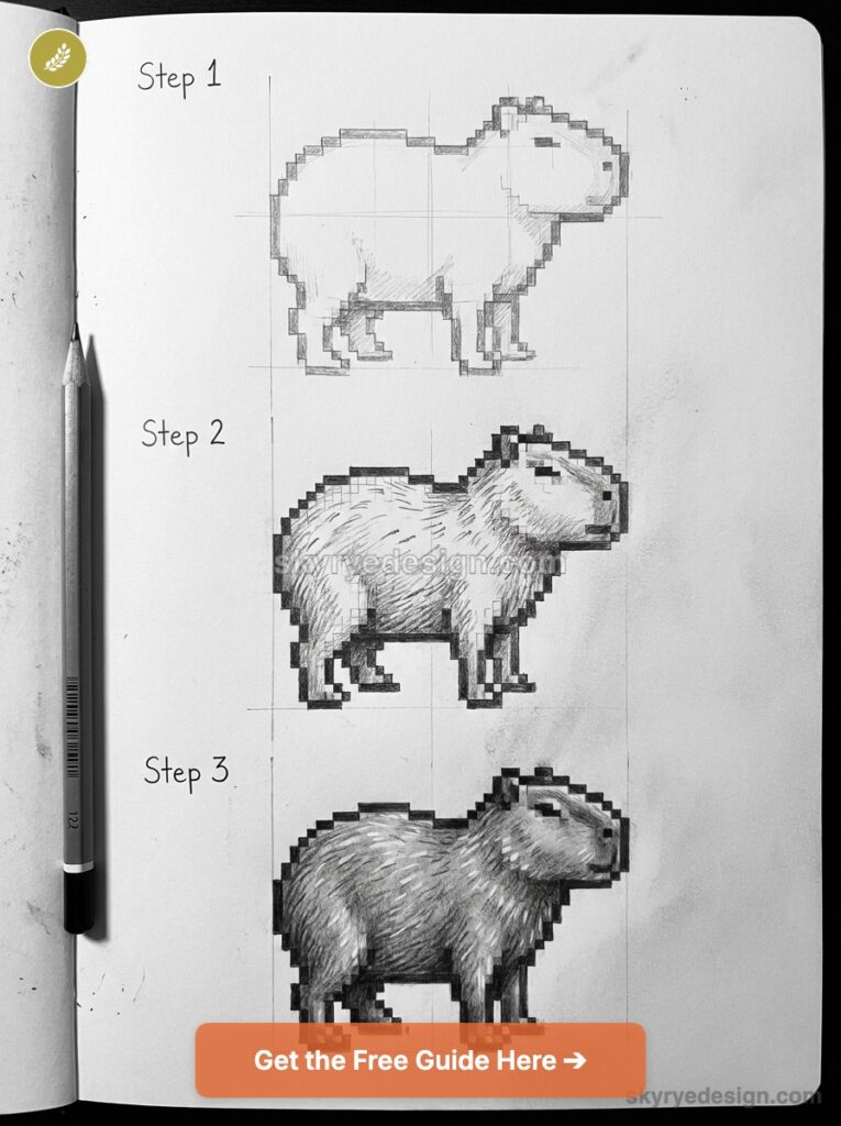 Three-step pencil sketch tutorial of a pixel-art capybara on a gridded sketchbook, pencil beside.