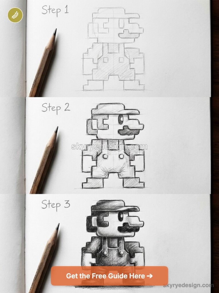 Step-by-step pencil drawing tutorial showing pixel-style video game character sketch in three stages with pencils on paper