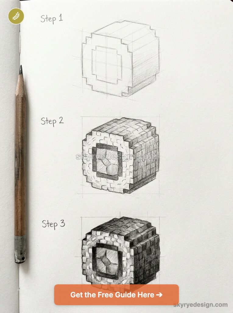 Step-by-step pencil drawing tutorial of a voxel-style sushi roll cube in three stages on a sketchbook beside a wooden pencil