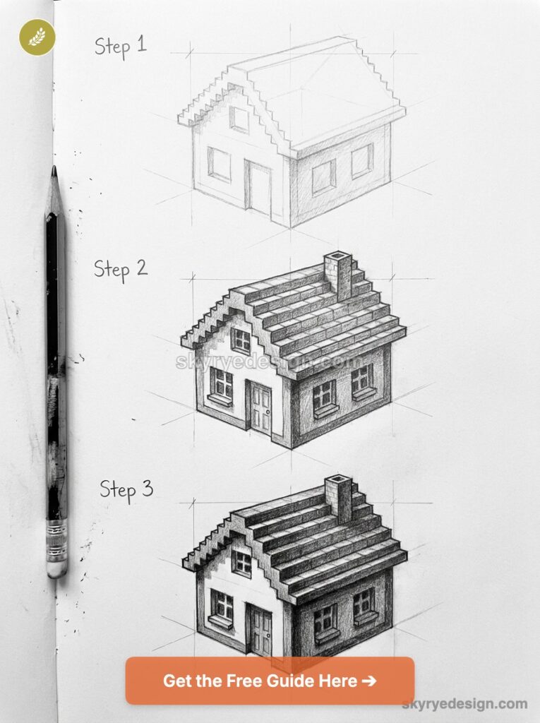 Step-by-step pencil drawing tutorial of a 3D house in three stages on paper, black-and-white sketch