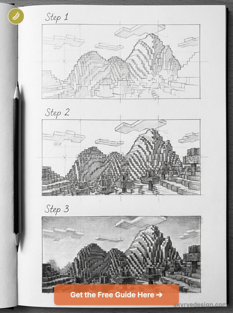 Sketchbook showing step-by-step pencil drawings of a Minecraft-style voxel mountain landscape, pencil at left