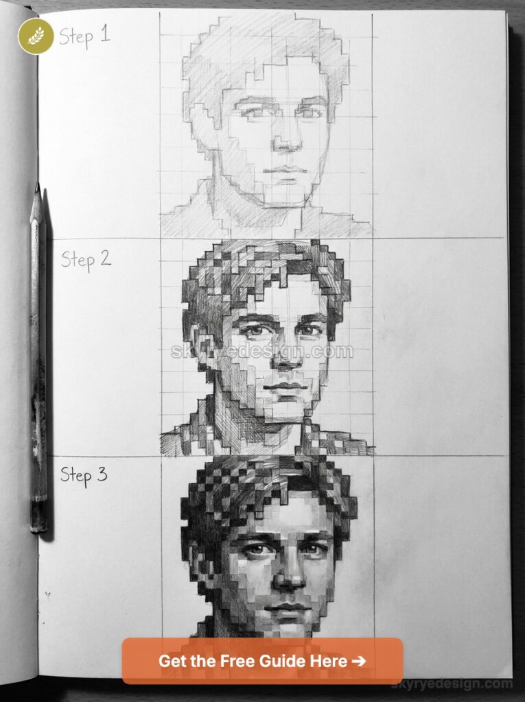 Three-step grid-based pencil portrait tutorial showing pixelated-to-realistic progression of a face