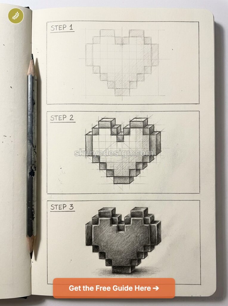 Three-step pencil guide showing grid-to-3D pixel heart sketch, shaded realistic heart with pencil