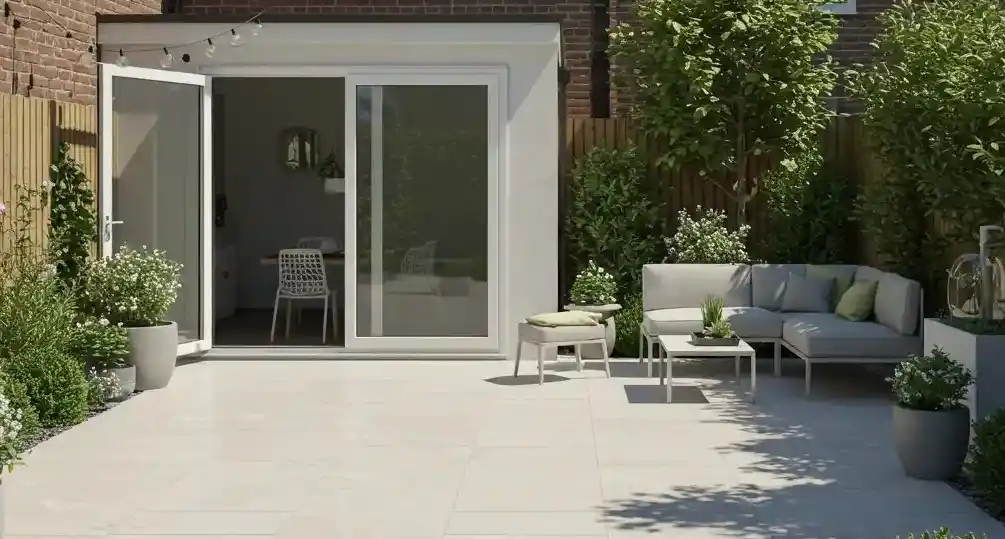 Modern backyard patio with open doors, a cozy seating area, greenery, and potted plants on a sunny day.