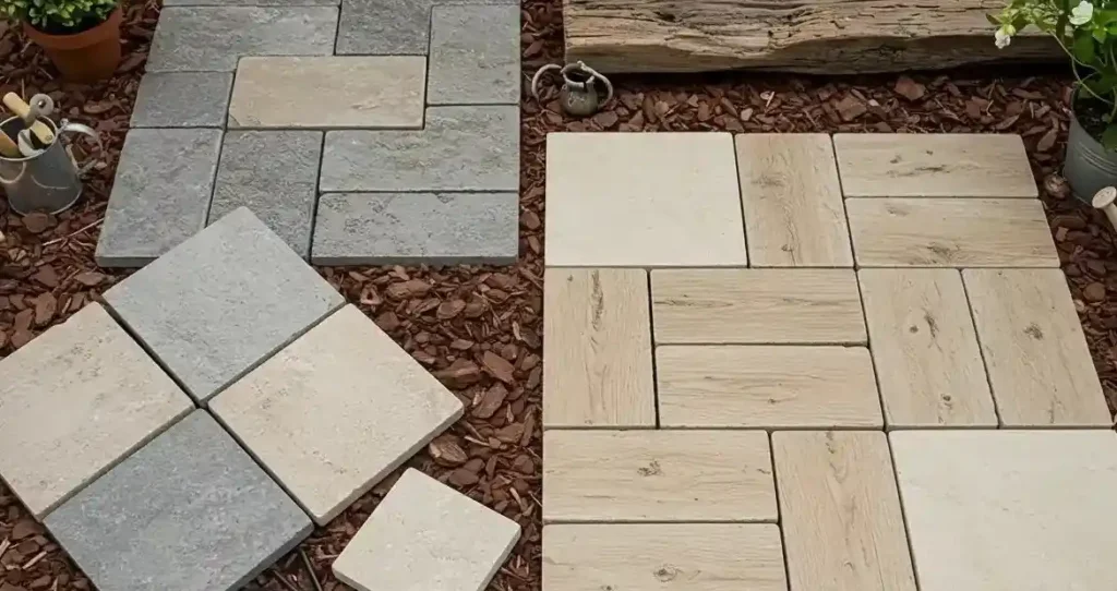 Variety of patio paving stones displayed on red mulch, featuring gray, beige, and wood-like textures for outdoor use.