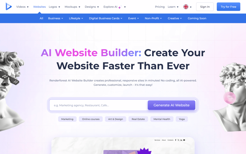 AI Website Builder interface with creative design elements, promoting fast and efficient website creation.