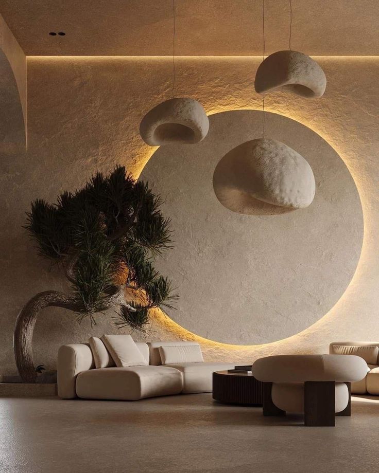 Modern living room with minimalist decor, circular wall design, unique lighting, and a bonsai tree beside a sofa.