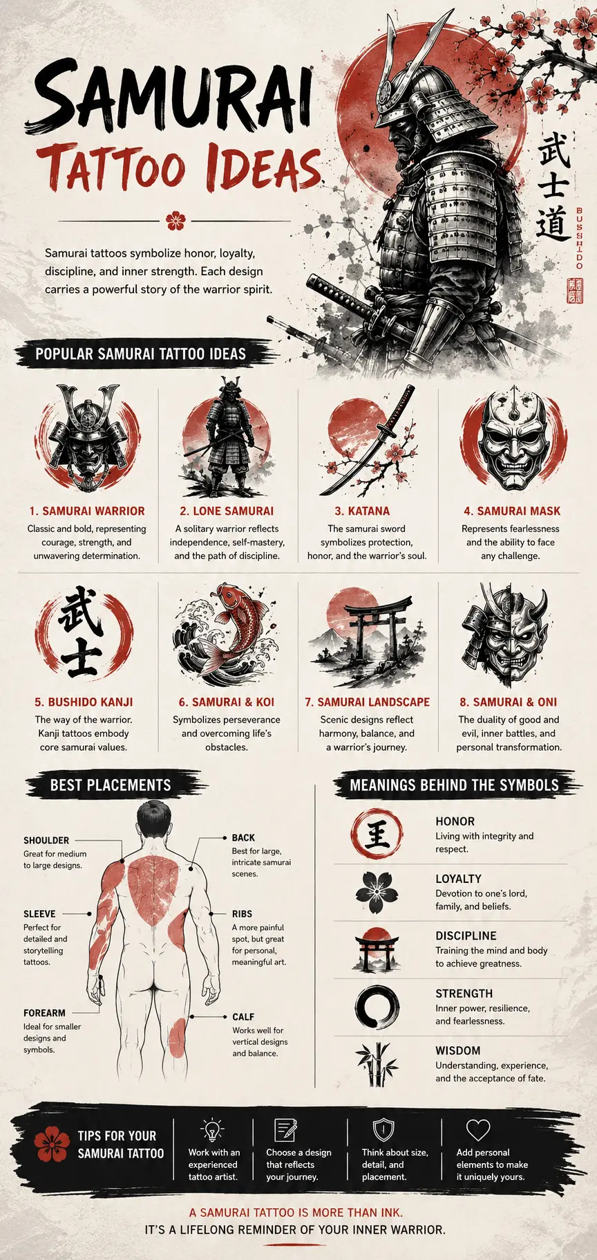 b3b058be-dad9-4ed7-a1a9-7ca7d35fd29c Samurai tattoo ideas infographic: designs, meanings, katana, masks, placements, tips. | Sky Rye Design Samurai tattoo ideas infographic: designs, meanings, katana, masks, placements, tips.