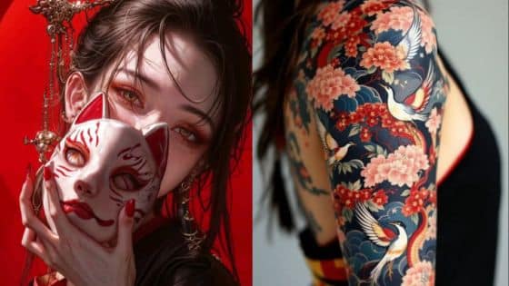 samurai tattoo Anime-style woman with fox mask, intense gaze, and floral sleeve tattoo featuring cranes and pink flowers. | Sky Rye Design Anime-style woman with fox mask, intense gaze, and floral sleeve tattoo featuring cranes and pink flowers.