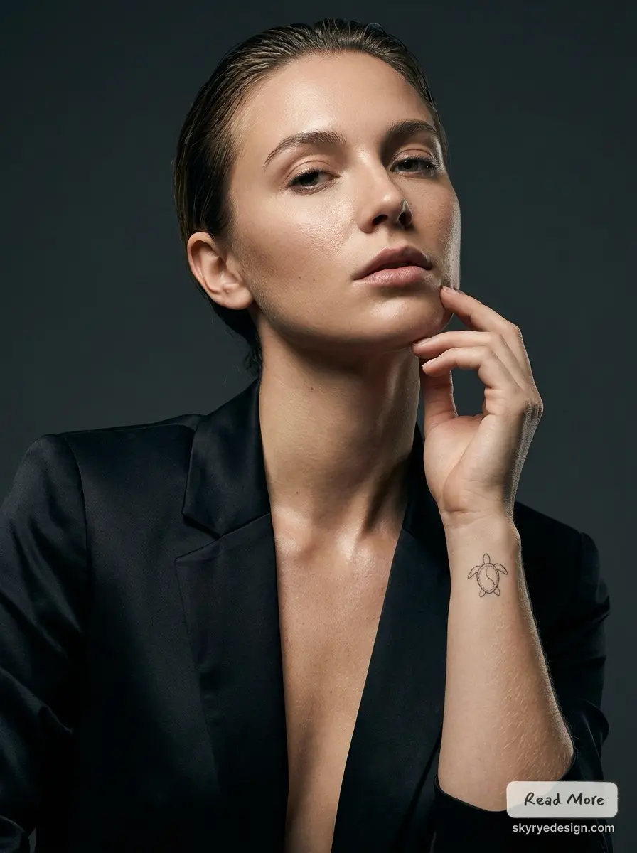 Beauty portrait of woman in black blazer with minimalist turtle wrist tattoo on dark background