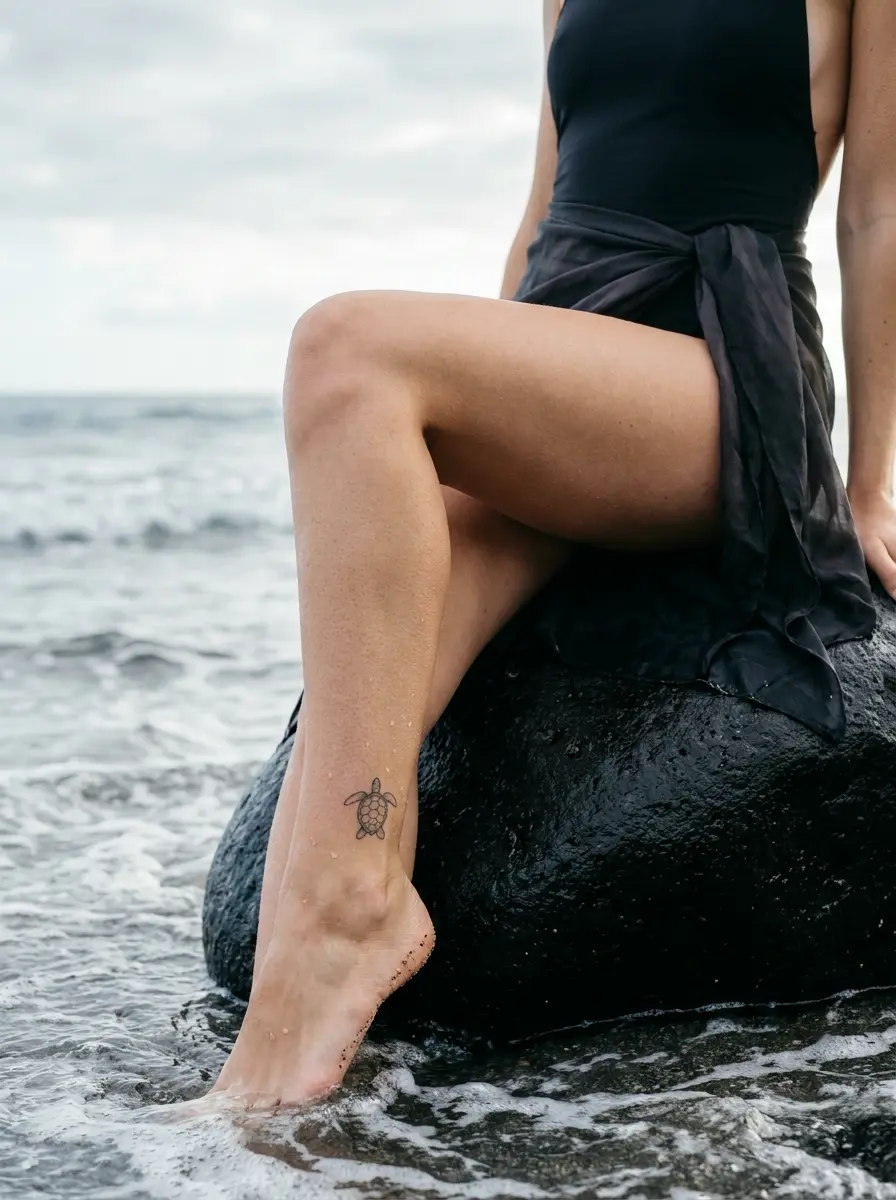 Sea turtle ankle tattoo on person's leg, black swimsuit and sarong, sitting on rock at ocean shoreline