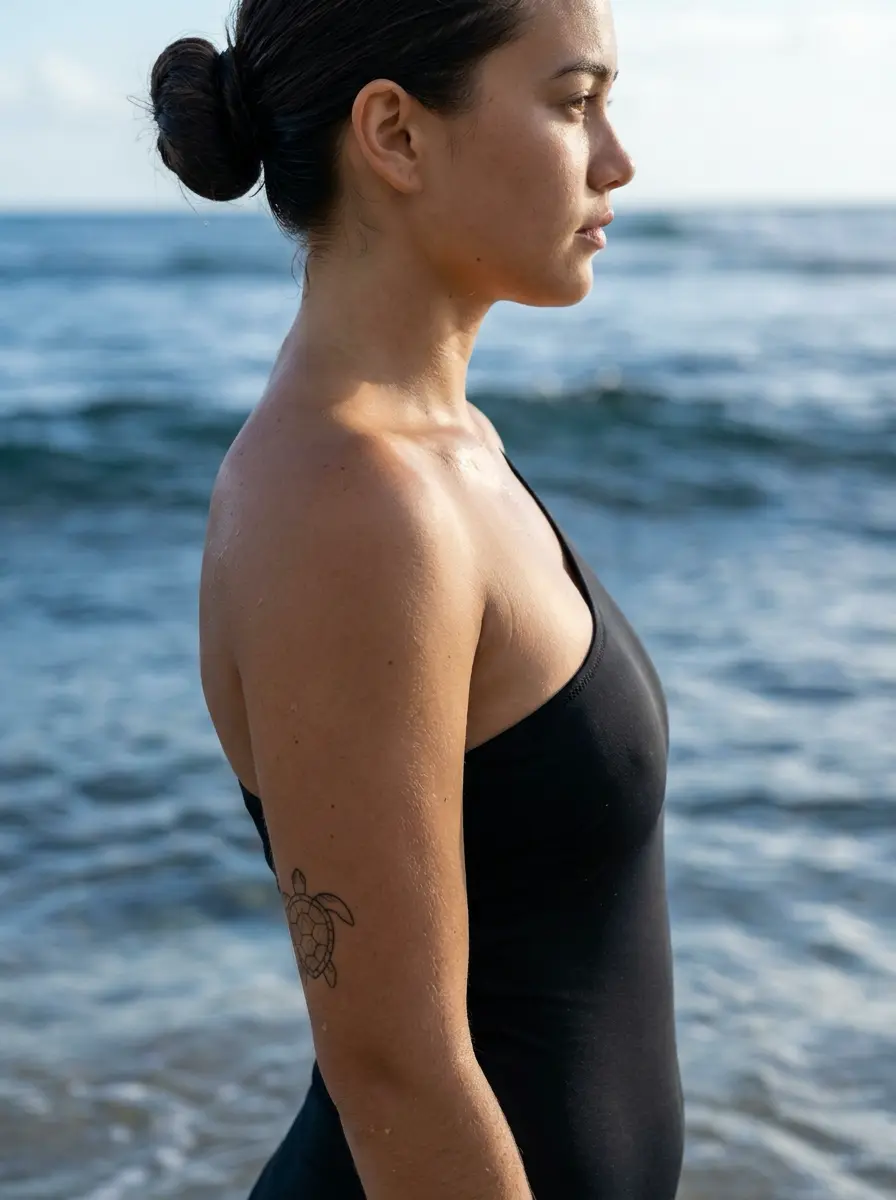 Woman in black one-shoulder swimsuit with sea turtle tattoo, side profile standing at ocean shore