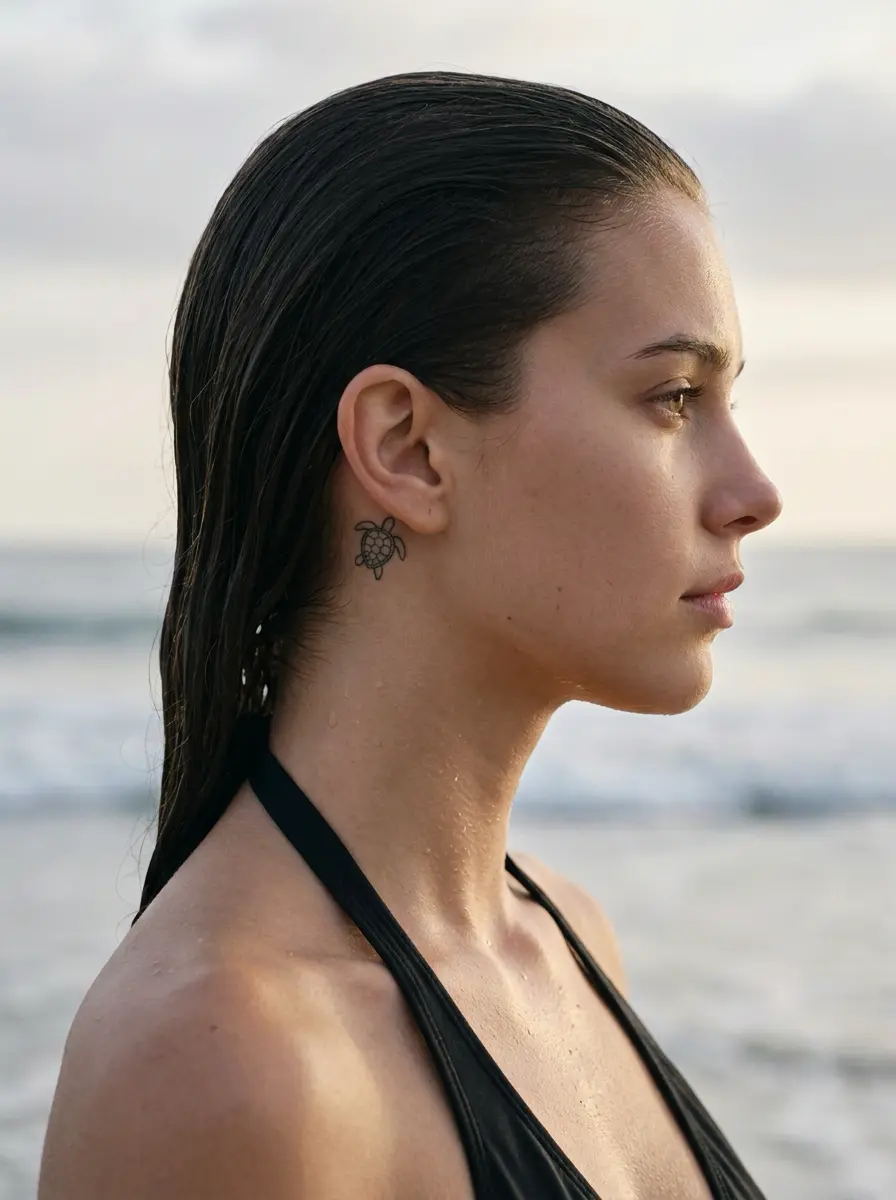 Beach portrait of young woman with wet hair and sea-turtle tattoo behind ear, wearing black swimsuit, ocean background