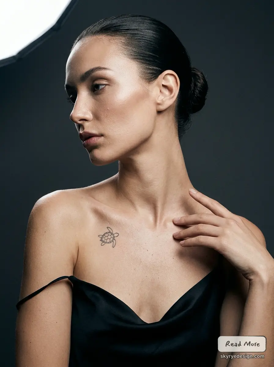 Studio portrait of a woman in black dress showing small sea turtle shoulder tattoo, elegant profile with slicked-back hair