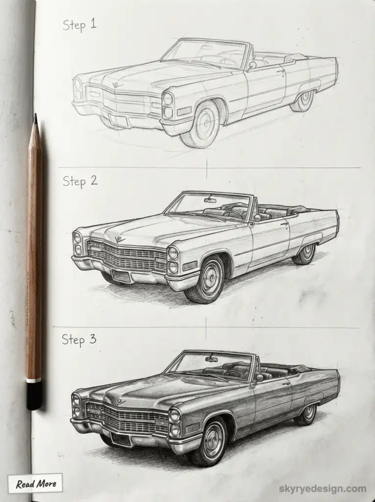 Drawing of a vintage convertible car in three steps, from sketch to detailed finish, with pencil on paper.