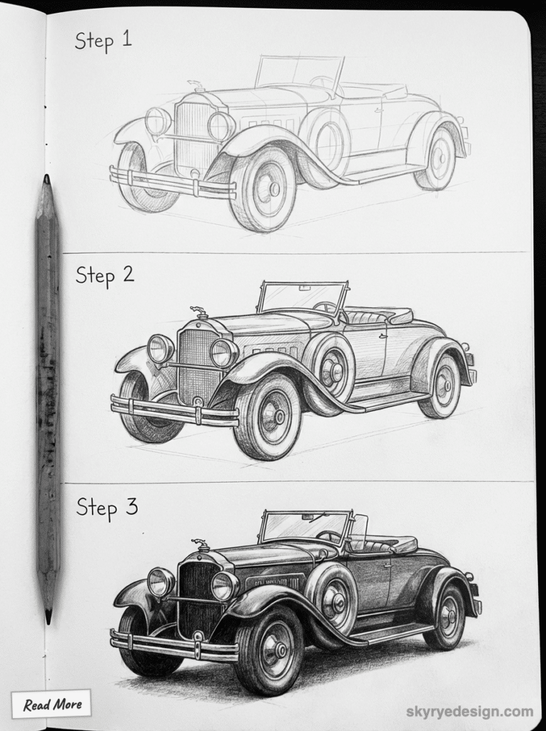 Step-by-step car drawing tutorial on sketchpad with pencil, showing progression from rough outline to detailed vintage car illustration.