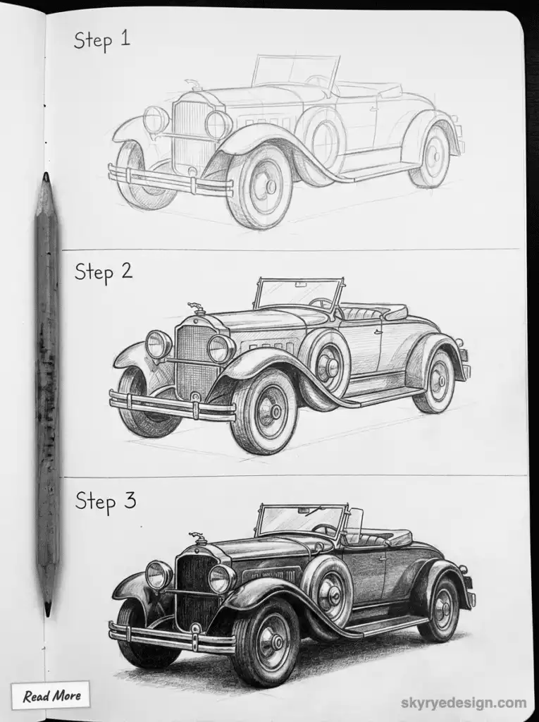 Step-by-step car drawing tutorial on sketchpad with pencil, showing progression from rough outline to detailed vintage car illustration.