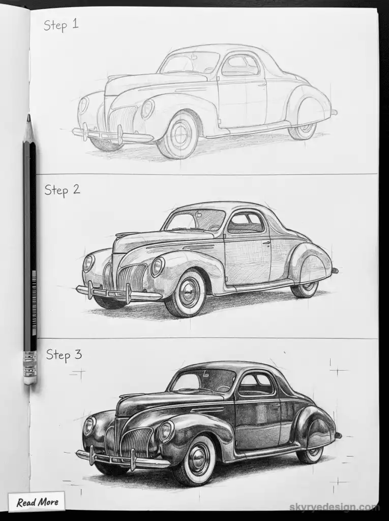 Drawing tutorial showing three steps to sketch a vintage car, from basic outlines to detailed rendering. Lincoln Zephyr