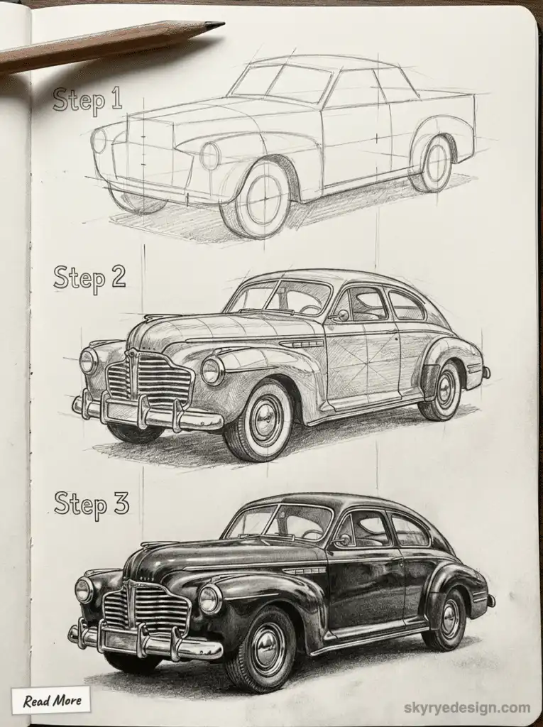 Step-by-step pencil drawing of a vintage car from sketch to detailed finish, showcasing art progression in three stages.