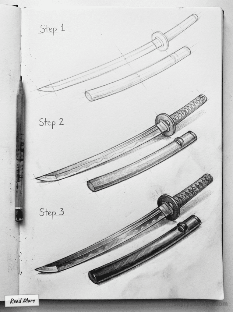 Sketch of katana drawing steps, from outline to detailed finish, on sketchbook with pencil.