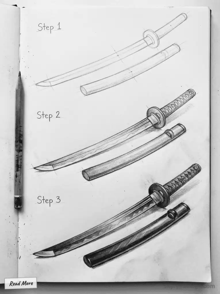 Sketch of katana drawing steps, from outline to detailed finish, on sketchbook with pencil.