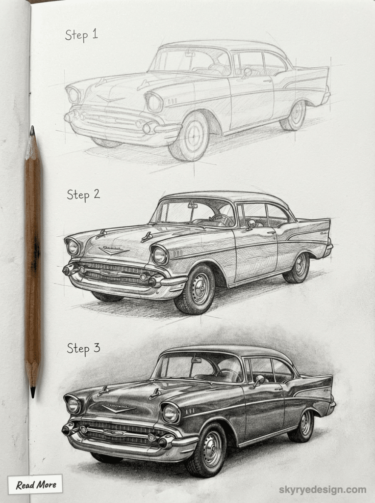Pencil drawing steps of a vintage car, showcasing sketch progression from outline to detailed shading using a classic car model.
