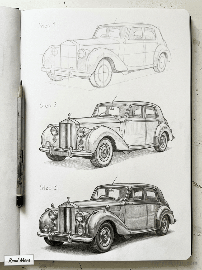 Progressive car sketching steps from outline to detailed vintage automobile with pencil shading and texture.