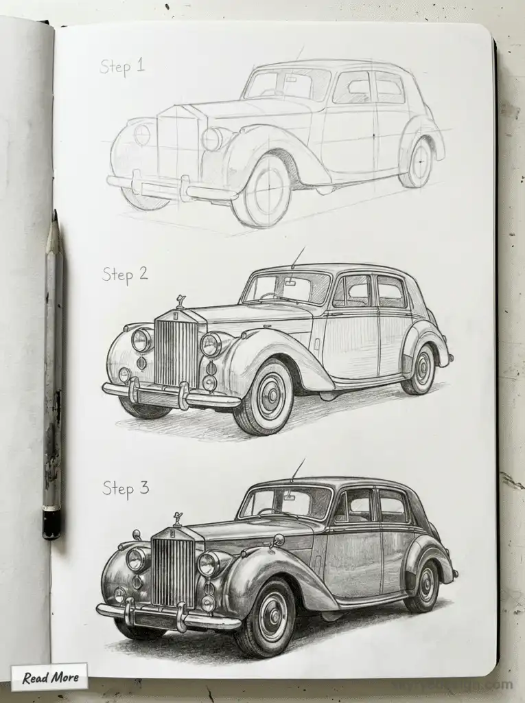 Progressive car sketching steps from outline to detailed vintage automobile with pencil shading and texture.